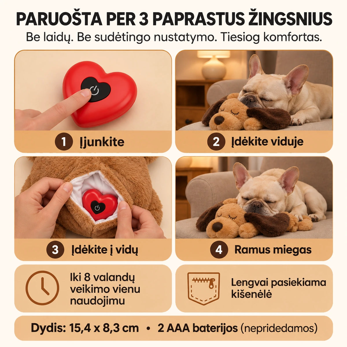 minkštas žaislas šunims, kurį lengva paruošti naudojimui.
